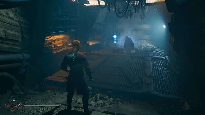 Cal stands in an indoor area looking at a skill point essence in Jedi: Survivor.