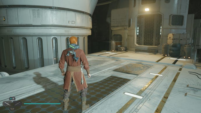 Cal approaches a Datadisc collectible in Rift Passage on Koboh in Jedi: Survivor.