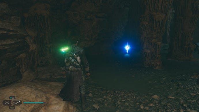 Cal approaches a Skill Point Essence in the Smuggler’s Tunnels in Jedi: Survivor.