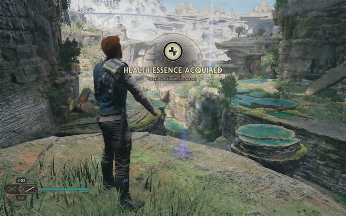 Cal approaches a Health Essence in Swindler’s Wash on Koboh in Jedi: Survivor.