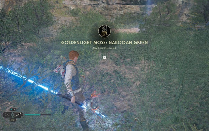 Cal cuts down a glowing plant in Swindler’s Wash on Koboh in Jedi: Survivor.