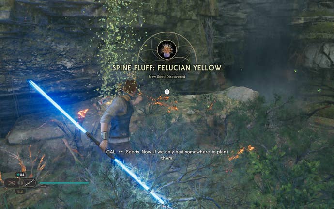 Cal cuts down a glowing plant in Swindler’s Wash on Koboh in Jedi: Survivor.