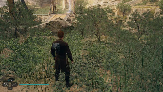 Cal approaches a glowing plant in Swindler’s Wash on Koboh in Jedi: Survivor.