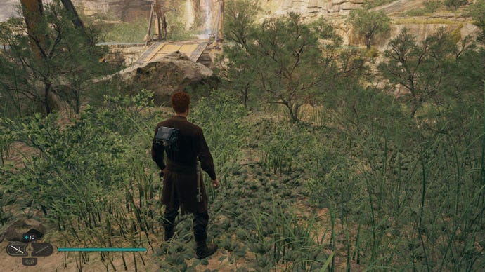 Cal approaches a glowing plant in Swindler’s Wash on Koboh in Jedi: Survivor.