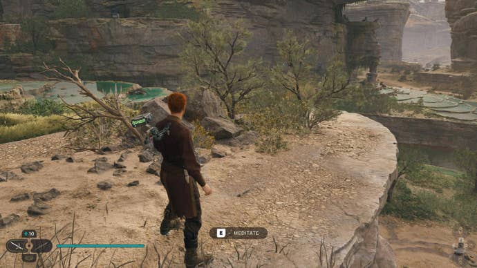 Cal approaches a glowing plant in Swindler’s Wash on Koboh in Jedi: Survivor.