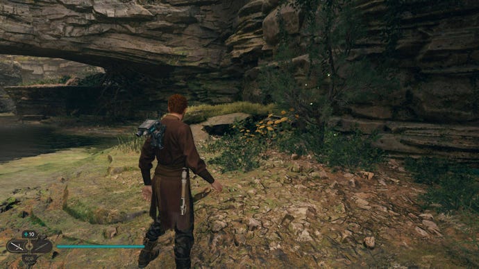 Cal approaches a glowing plant in Swindler’s Wash on Koboh in Jedi: Survivor.