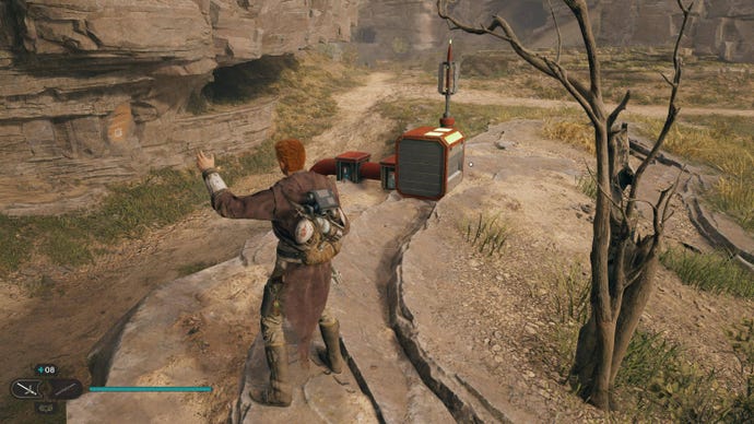 Cal stands in front of a red chest in the Untamed Downs in Jedi: Survivor.
