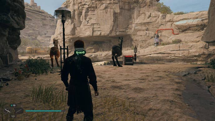 Cal looks towards a chest and a couple of Nekkos in Jedi: Survivor.