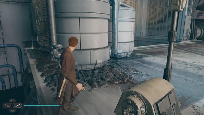 Cal approaches and picks up a collectible on Koboh in Jedi: Survivor.