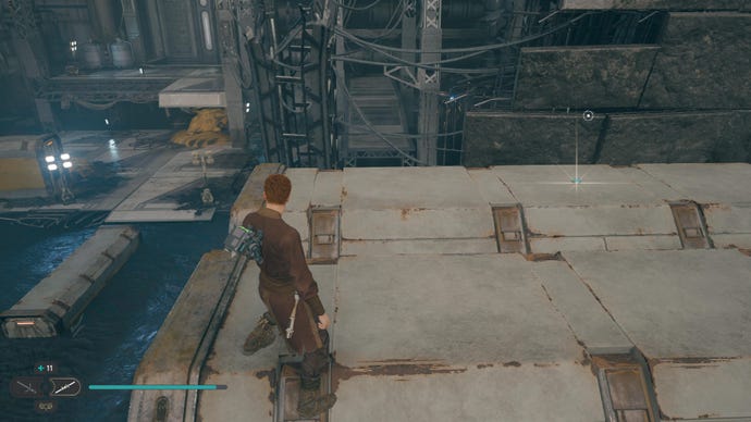 Cal approaches and picks up a collectible on Koboh in Jedi: Survivor.