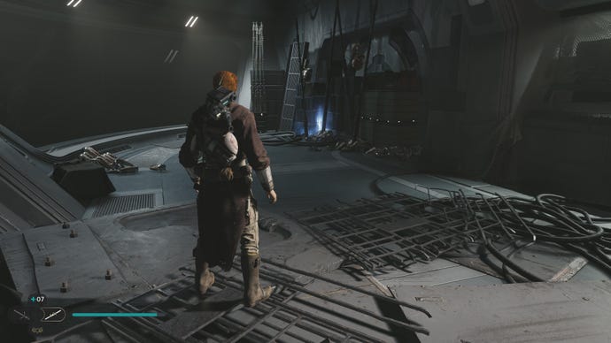 Cal approaches and picks up a collectible on Koboh in Jedi: Survivor.