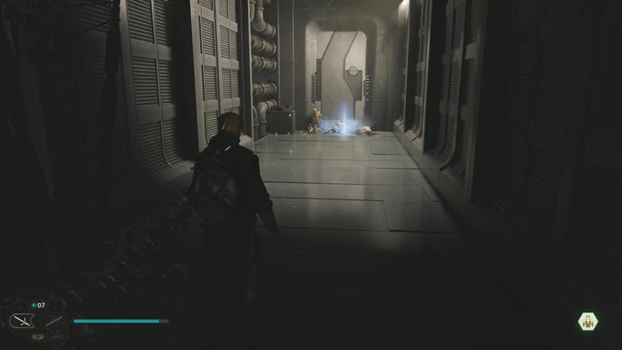 Cal approaches and picks up a collectible on Koboh in Jedi: Survivor.