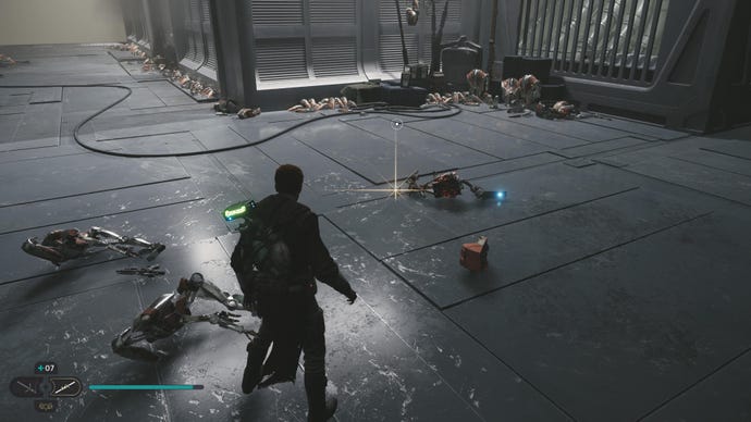 Cal approaches and picks up a collectible on Koboh in Jedi: Survivor.