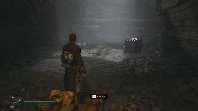 Cal approaches and picks up a collectible item on Koboh in Jedi: Survivor.