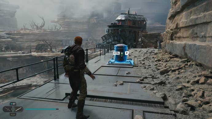 Cal approaches and picks up a collectible item on Koboh in Jedi: Survivor.