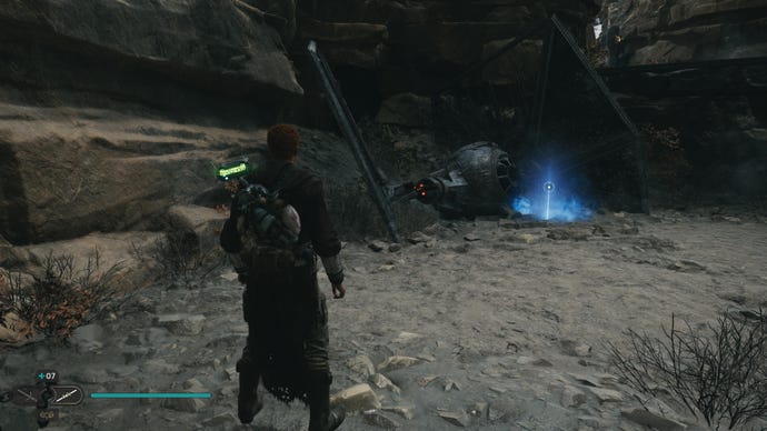 Cal approaches and picks up a collectible item on Koboh in Jedi: Survivor.