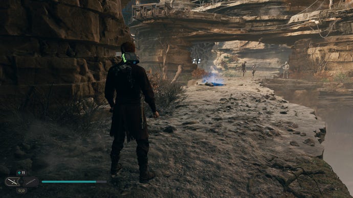 Cal approaches and picks up a collectible item on Koboh in Jedi: Survivor.