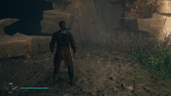 Cal approaches and picks up a collectible item on Koboh in Jedi: Survivor.