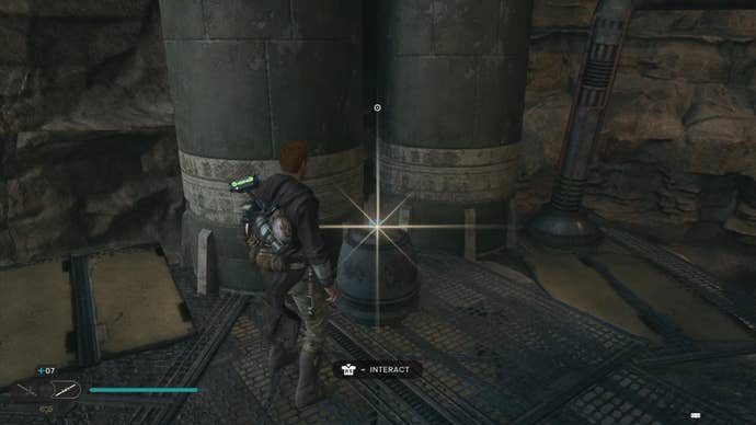 Cal approaches and picks up a collectible item on Koboh in Jedi: Survivor.