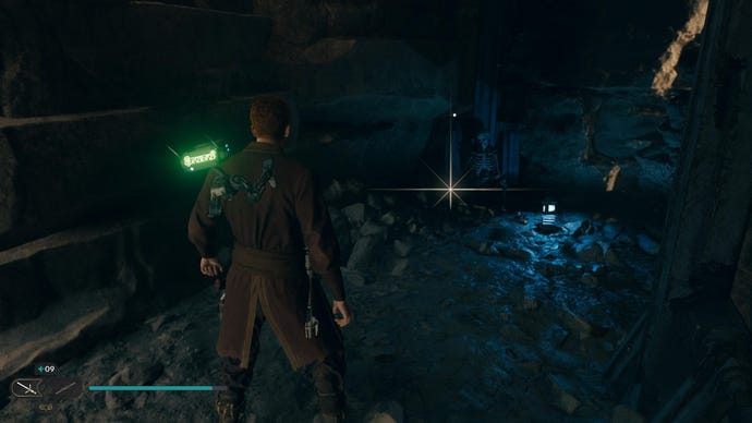 Cal approaches and picks up a collectible item on Koboh in Jedi: Survivor.