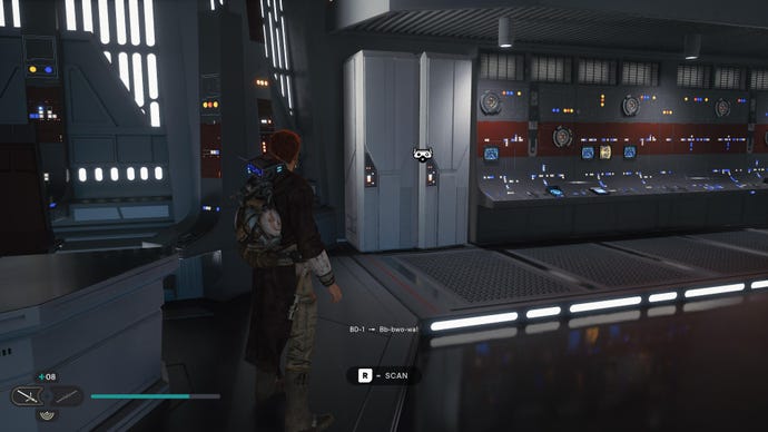 Cal approaches a Databank entry on Nova Garon in Jedi: Survivor.