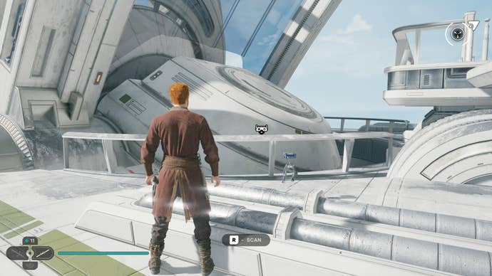 Cal approaches and picks up a collectible item on Koboh in Jedi: Survivor.