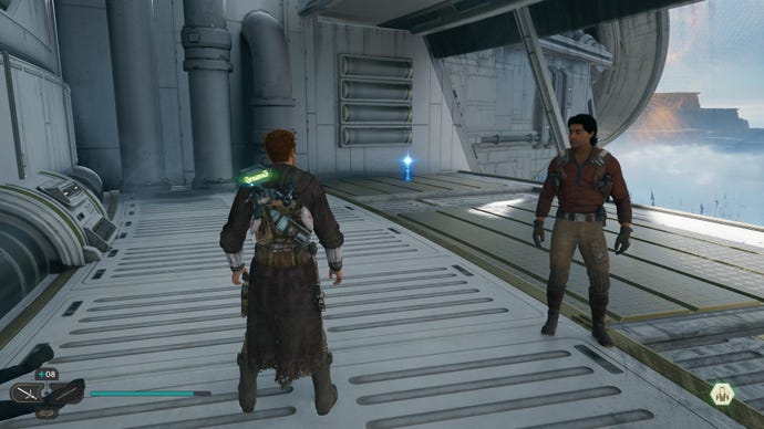 Cal approaches and picks up a collectible item on Koboh in Jedi: Survivor.