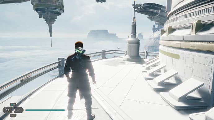 Cal approaches and picks up a collectible item on Koboh in Jedi: Survivor.