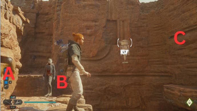 A diagram of three sphere locations in the Star Wars Jedi: Survivor Path of Conviction puzzle solution.