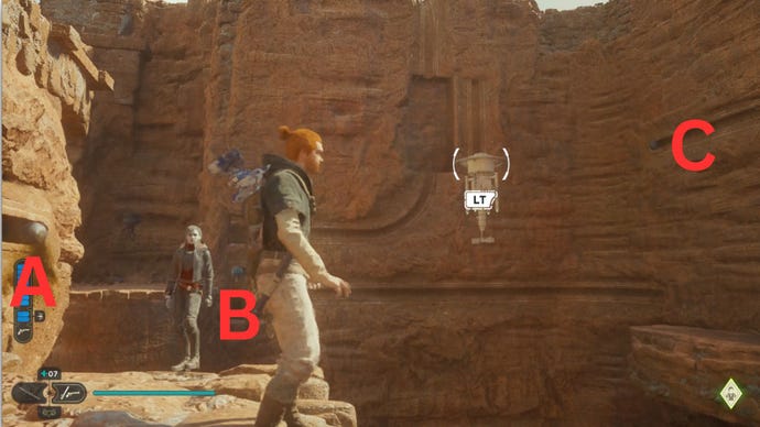 A diagram of three sphere locations in the Star Wars Jedi: Survivor Path of Conviction puzzle solution.