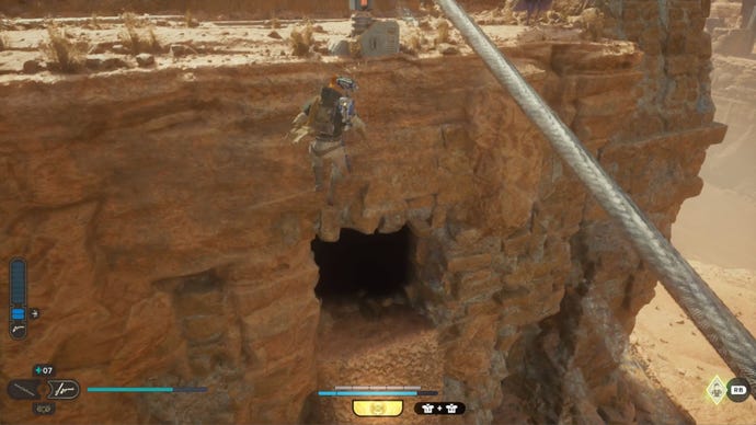Taking the zipline in the Star Wars Jedi: Survivor Path of Restoration.