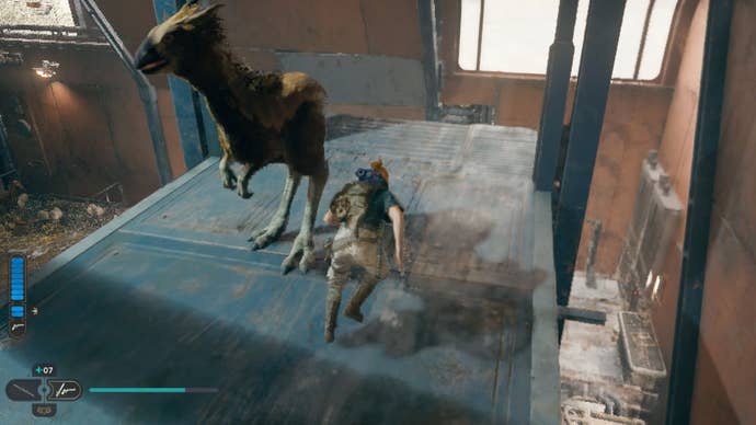 As Cal seeks another Star Wars Jedi: Survivor perk slot, he must move the Nekko to the lift as shown here.