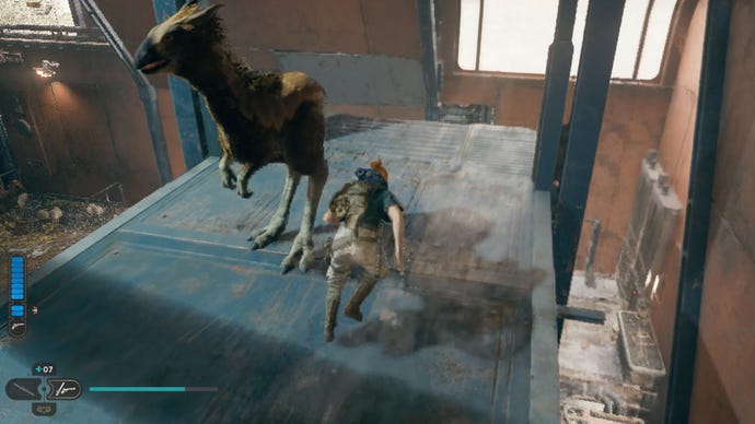 As Cal seeks another Star Wars Jedi: Survivor perk slot, he must move the Nekko to the lift as shown here.