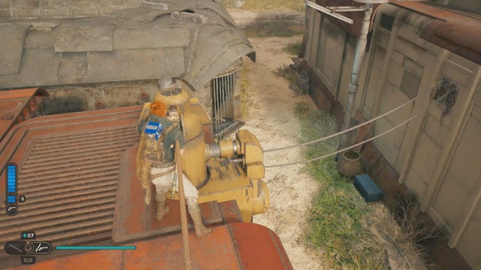 The apparatus on the roof, needed to solve the Star Wars Jedi: Survivor Rambler’s Reach rooftop puzzle.