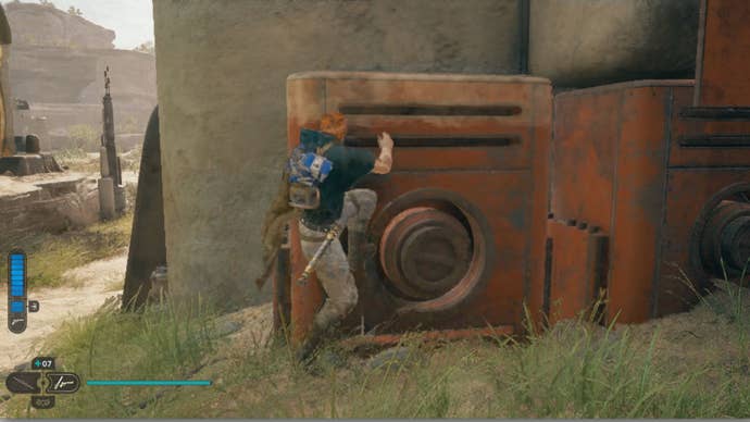 The box Cal needs to climb to reach the Star Wars Jedi: Survivor Rambler’s Reach rooftop.