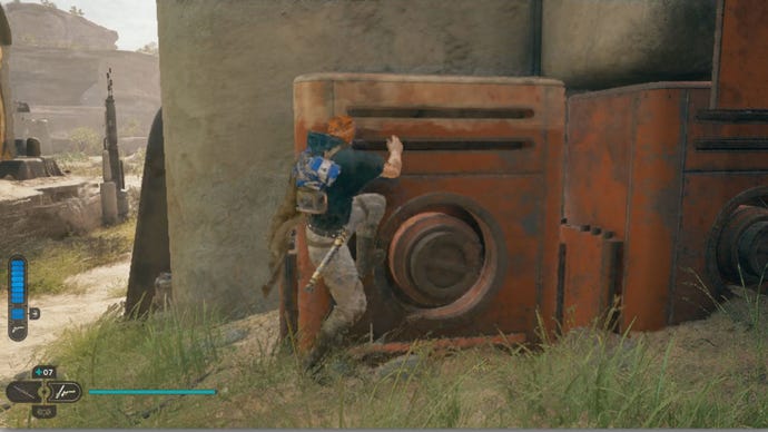 The box Cal needs to climb to reach the Star Wars Jedi: Survivor Rambler’s Reach rooftop.