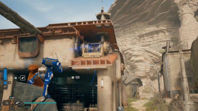 Cal uses the BD-1 Electro Dart ability to activate the current for the Star Wars Jedi: Survivor Rambler’s Reach rooftop puzzle solution.