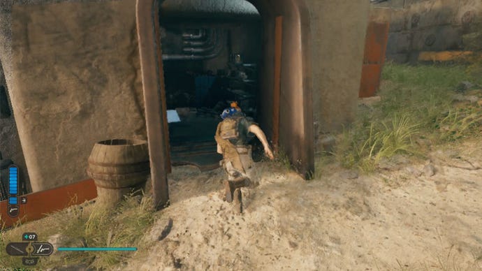Cal enters an open doorway as part of the Star Wars Jedi: Survivor Rambler’s Reach rooftop puzzle solution.