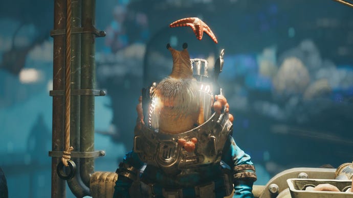 Star Wars Jedi: Survivor recruit Skoova Steev hangs out in front of the fish tank at Pyloon’s Saloon.