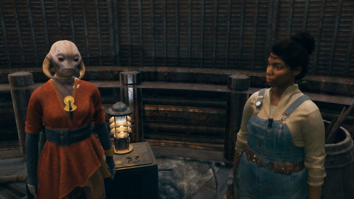 Star Wars Jedi: Survivor recruits Zigg and Wini hang out in the swamp.