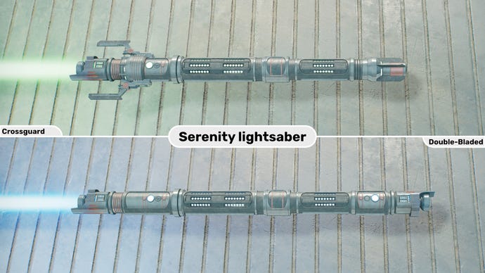 Two close-up images of the Serenity lightsaber in Jedi: Survivor. The top image is of the lightsaber in Crossguard form with a green blade, while the bottom image is of the double-bladed form with a blue blade.