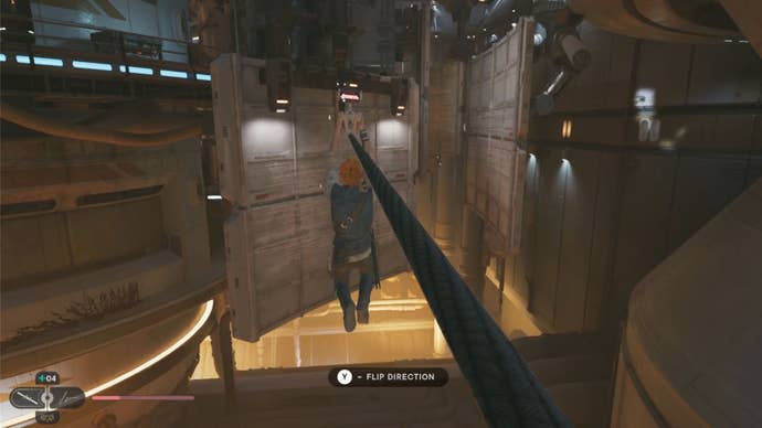 Cal uses a zipline on the Shattered Moon in Star Wars Jedi: Survivor.