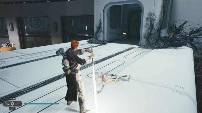 Cal approaches a chest in the Republic Research Lab on Shattered Moon in Jedi: Survivor.