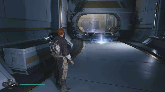 Cal approaches a Force Echo in the Republic Research Lab on Shattered Moon in Jedi: Survivor.