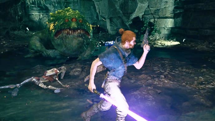 Cal Kestis runs from Star Wars Jedi: Survivor Spawn of Oggdo with a Blaster in hand in the creature’s lair.
