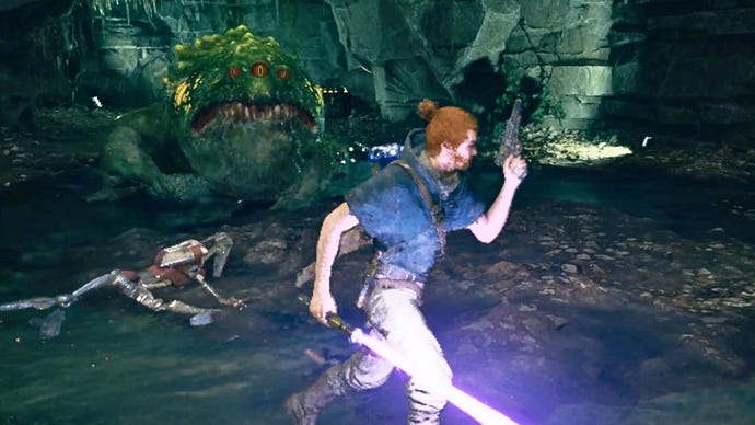 Cal Kestis runs from Star Wars Jedi: Survivor Spawn of Oggdo with a Blaster in hand in the creature’s lair.