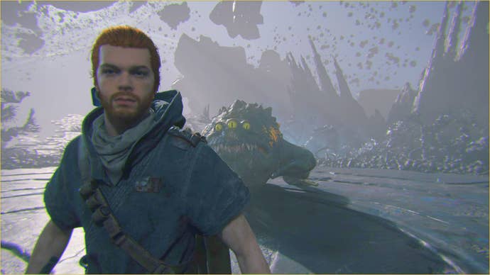 Star Wars Jedi: Survivor Spawn of Oggdo stands menacingly behind Cal Kestis in the Fractured History Force Tear.