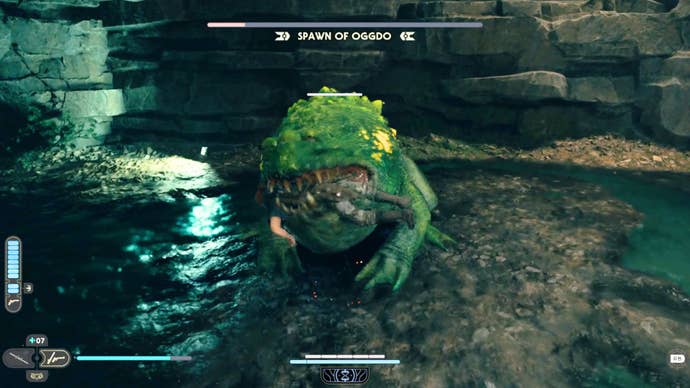 Star Wars Jedi: Survivor Spawn of Oggdo chews on Cal Kestis.