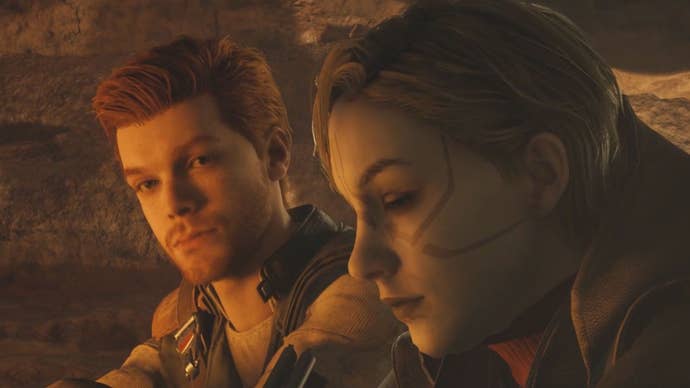 Cal sits next to Merrin by the fire on Jedha in the Star Wars Jedi: Survivor story.