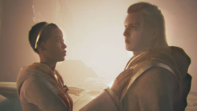 Dagan Gera stands with Santari Khri in the Star Wars Jedi: Survivor story.